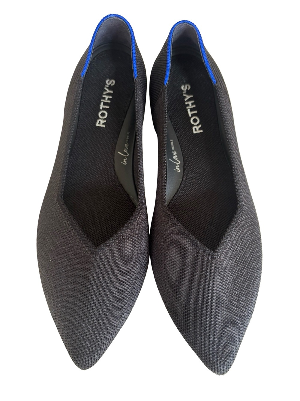 Rothy's Black In Love Insoles Pointed Flats with Blue Trim Sz 7.5
